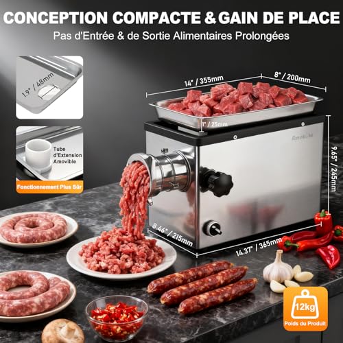 Anatole Professional Electric Meat Mincer 950W Stainless Steel Multifunctional Sausage Stuffing with 6/8/10mm/3-Hole Plate 2 Grinding Blades 1 Sausage Filler 220V