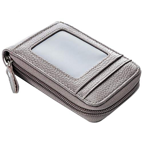 BAKUN Premium Leather Slim Zipper Business/Credit Card Case Holder with Clear Photo Slot, Security Travel Wallet(Gray)