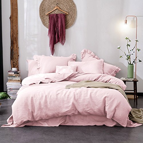 Merryfeel 100% French Linen Duvet Cover Set,Luxurious Bedding Set,3 Pieces(1 Duvet Cover with 2 pillowshams)- Full/Queen - Light Pink