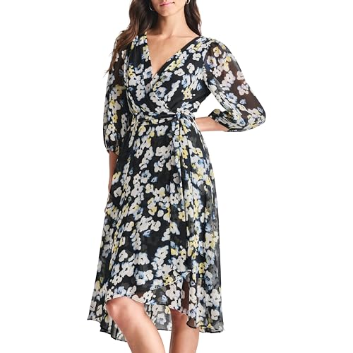 DKNY Women’s Balloon Sleeve Tie Fit & Flare Midi Dress, Navy/Lemon