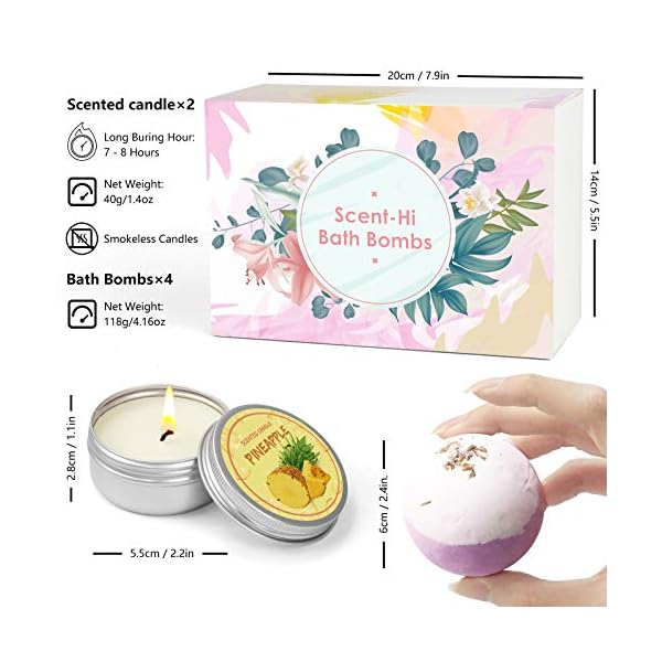 Scent-Hi-Bath-Bombs-with-2-Scented-Candles-Handmade-Natural-Spa-Bubble-Bombs-and-Floating-Fizz-Fizzes-Body-Moisturize-Perfect-For-Bubble-Spa-Bath-Pure-Natural-Scents-Gift-For-Women-Kids Bath Bombs Gift Set, Fizzy Bubble Bath Bombs, Scented Candles for Bubble and Spa Bath, Gift for Women, Birthday, Mother…