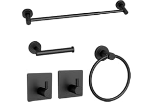 TIEMLET Black Bathroom Hardware Towel Holder 5 Pieces,Matte Towel Racks for Bathroom Set includes 15"-24.5" retractable Towel Bar,Towel Ring,Toilet Paper Holder,Robe Towel Hooks