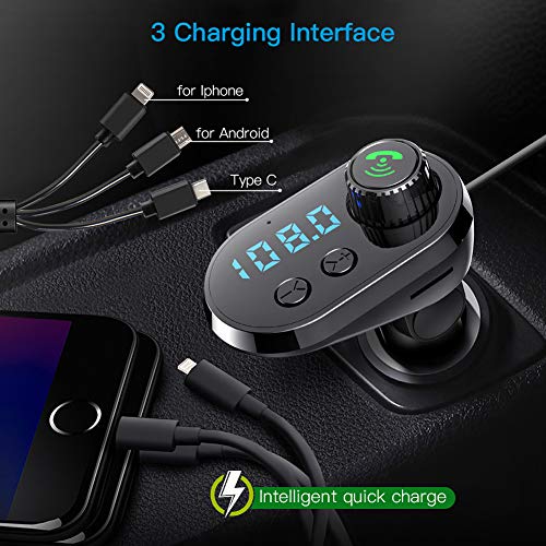 Bluetooth FM Transmitter Car Adapter, MANLI Car Charger MP3 Player, Bluetooth 5.0, with 3 Ports for iPhone, Android and Type C, 1 USB 5V/2.1A and TF Card Connection, Handsfree