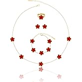 Qinpan Gold Plated Five Leaf Clover Necklace Bracelet Rings and Stud Earrings Set for Women Lucky Flower Jewelry