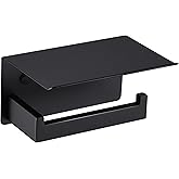 LANC Matte Black Toilet Paper Holder with Shelf Toilet Tissue Roll Holder with Phone Shelf for Bathroom Wall Mounted or Self-