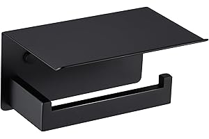 LANC Matte Black Toilet Paper Holder with Shelf Toilet Tissue Roll Holder with Phone Shelf for Bathroom Wall Mounted or Self-