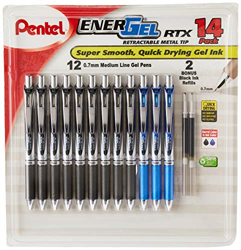 Pentel EnerGel RTX Retractable Metal Tip Pen, 0.7mm, 9 Black Ink, 3 Blue Ink with 2 Refills (BL77O14C) at Amazon