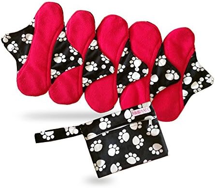 Period Mate Set Of Five Medium 9.5 Inches Long Reusable Pads With Wet Bag (paw print)