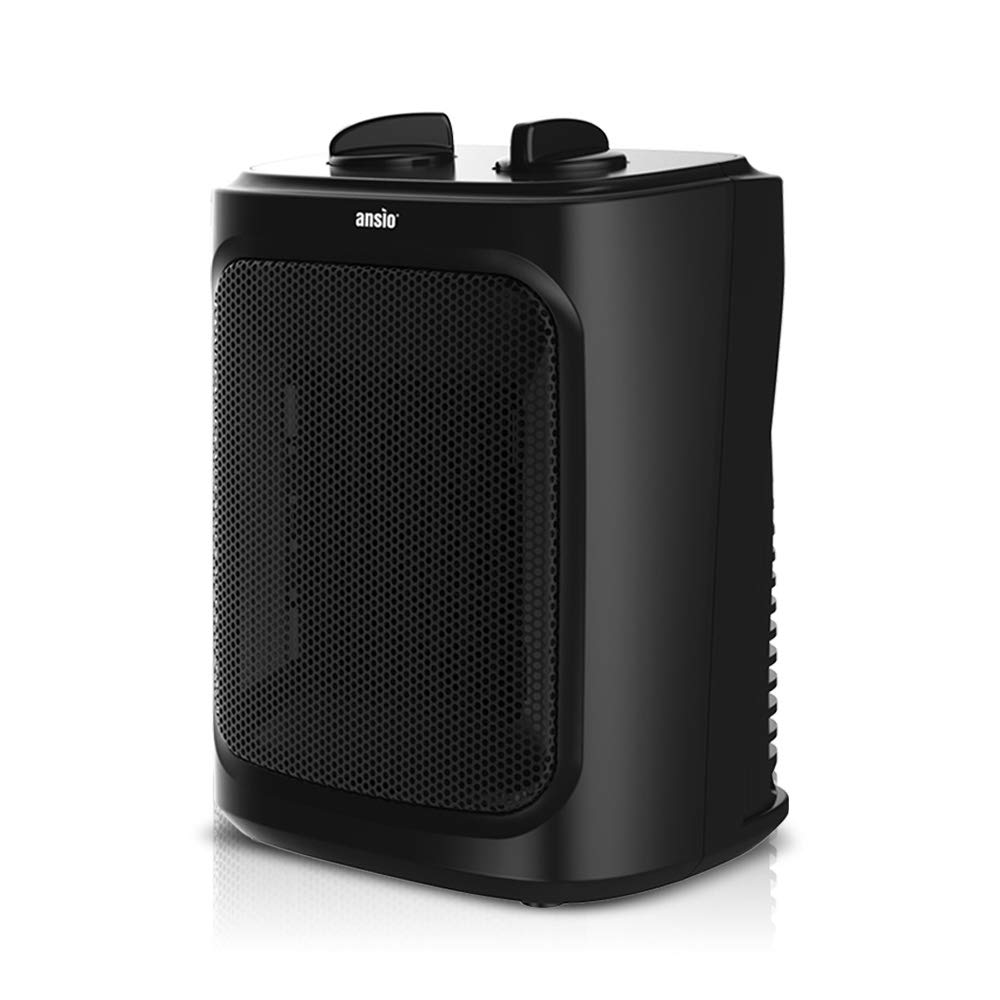 ANSIO 2000W Ceramic Portable Space Mini Electric PTC Fan Heater - 2 Heat Settings & Fan-Only Mode, Adjustable Thermostat, Safety Cut-Off, Overheat & Tip-Over Protection - Black