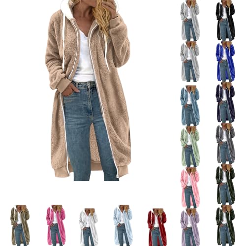Sherpa Fleece Jacket Women Winter Coats for Women UK Loose Fleece Medium Length Jacket with Hood Soft Warm Zip Up Casual Jacket, Comfy Fall Outwear with