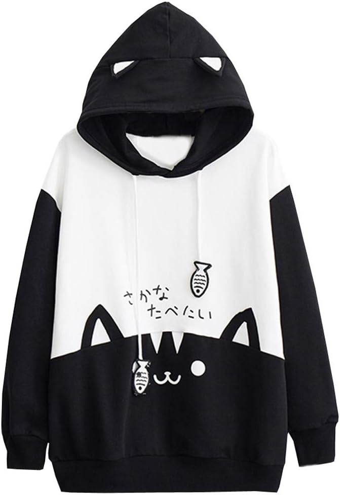 Red Ta Women Casual Cat Letter Print Long Sleeve Hoodie Sweatshirt, Ladies Kawaii Neko Pullover Top Blouse