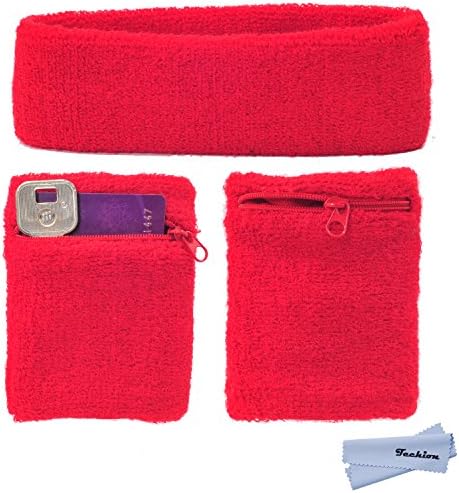 Techion Sports Sweatband Set Including 1 Pack Headband and 5 Pack Wristbands with Zipper Pocket / Wallet for Cycling, Running, Tennis, Basketball and more