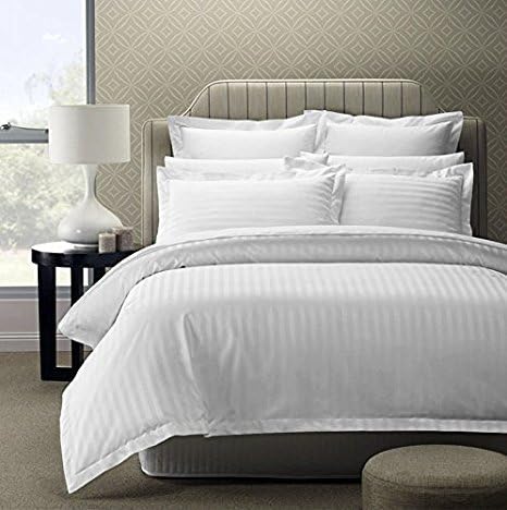 Cozier Premium 100% Extra Soft Cotton Double Bed Bedsheet (100 x 108 inches) with 2 Pillow Covers Combo Set, Satin Striped King Size Bedsheet (White, 300 TC)