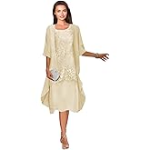 Tea-Length Mother of The Bride Dress for Chiffon Lace Draped Applique Formal Wedding Guest Dress with Jacket 2 Piece Champagne