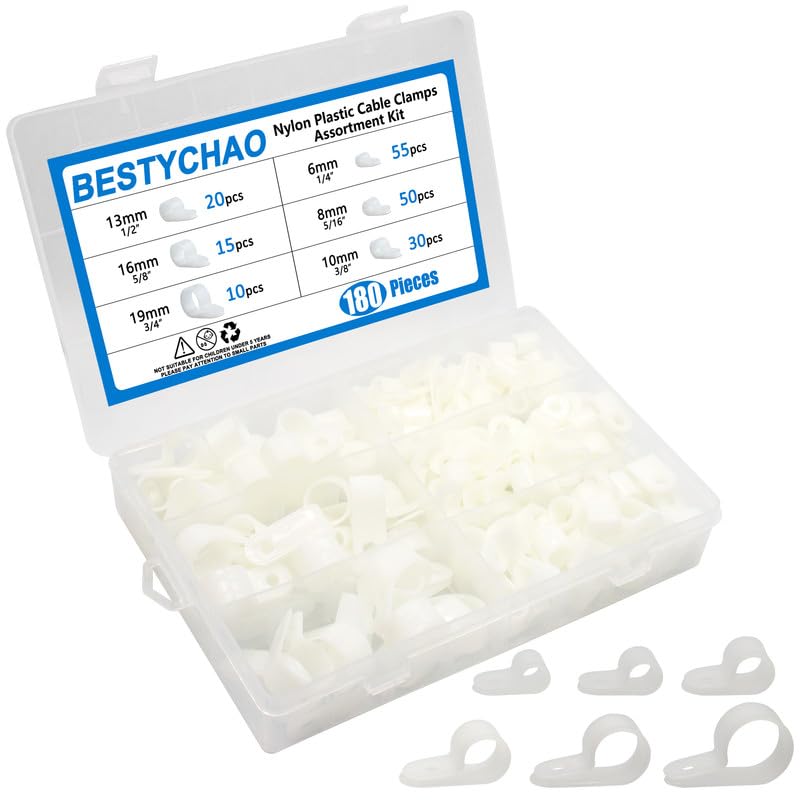 BESTYCHAO Cable Clips, 180PCS Nylon R-Type Cable Clamps Assortment, 6 Sizes Cord Fastern 6mm 8mm 9mm 13mm 16mm 19mm for Electric Wire Mounting, Cable Management White