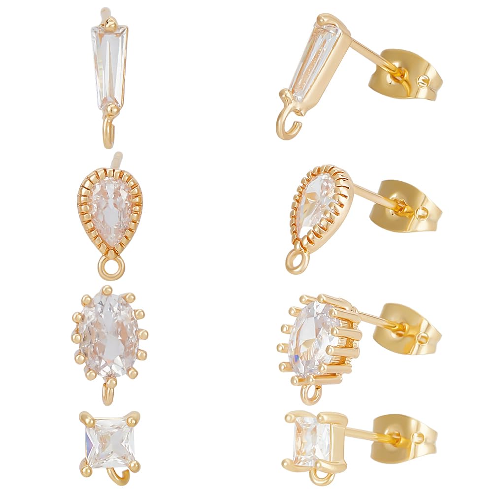 Beebeecraft 4 Styles 16Pcs Cubic Zirconia Stud Earring Findings 18K Gold Plated Brass Post Earrings Findings with Loop for Jewellery Making