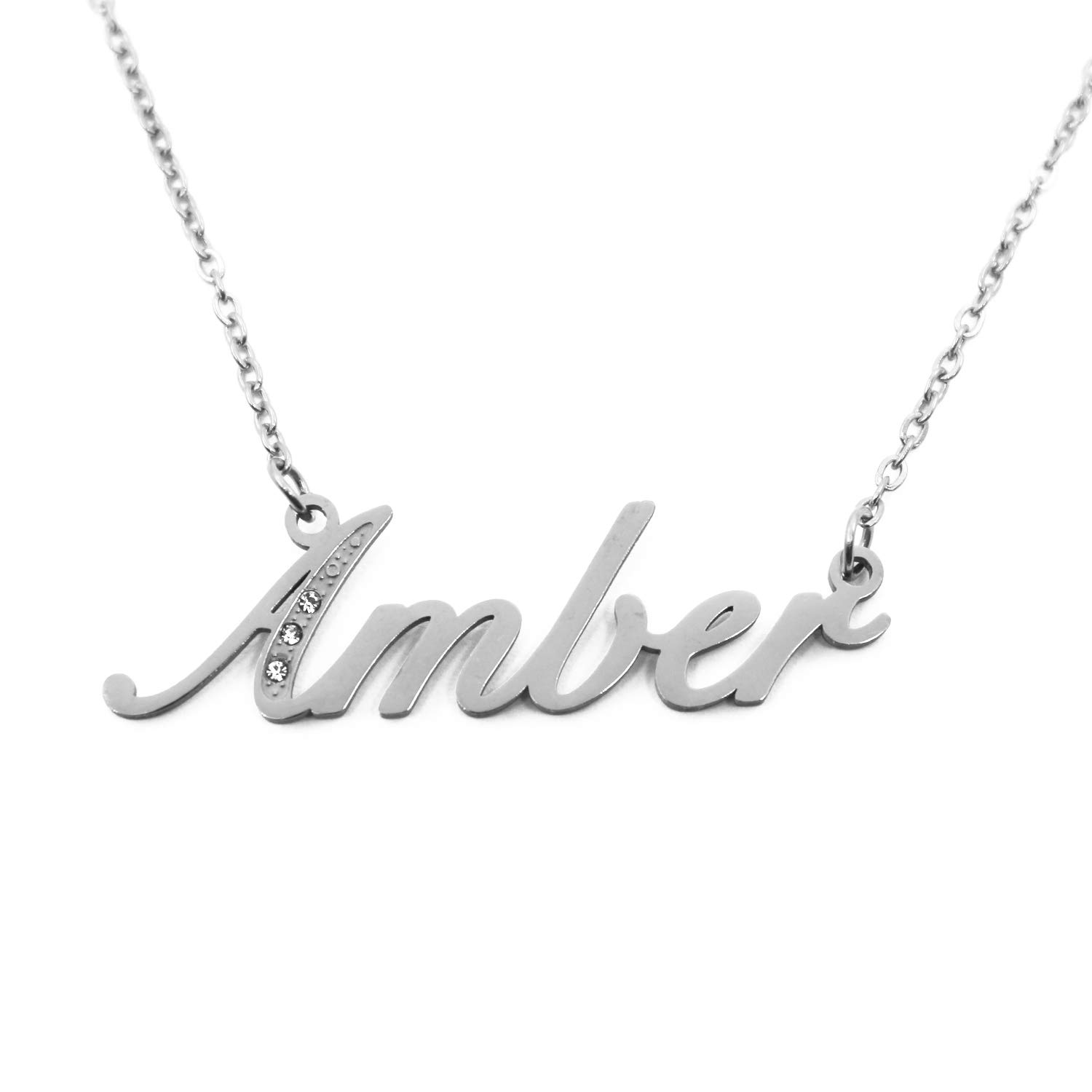 Kigu Amber Italic Personalised Name Necklace With Cubic Zirconia Silver Tone , Custom Dainty Name Pendants, Jewellery for Ladies, Girlfriend, Mother, Sister, Friends