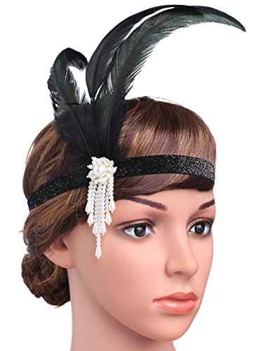 BABEYOND Women's Roaring 20s Feather Headband 1920s Headpiece Hair Band Beaded Headband (White)