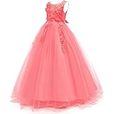 Flower Girls Embroidered Tulle Lace Long Wedding Bridesmaid Dress Floor Length Princess Pageant Birthday Party First Communion Dress A Line Formal Prom Long Maxi Evening Dance Ball Gown #Red 5-6