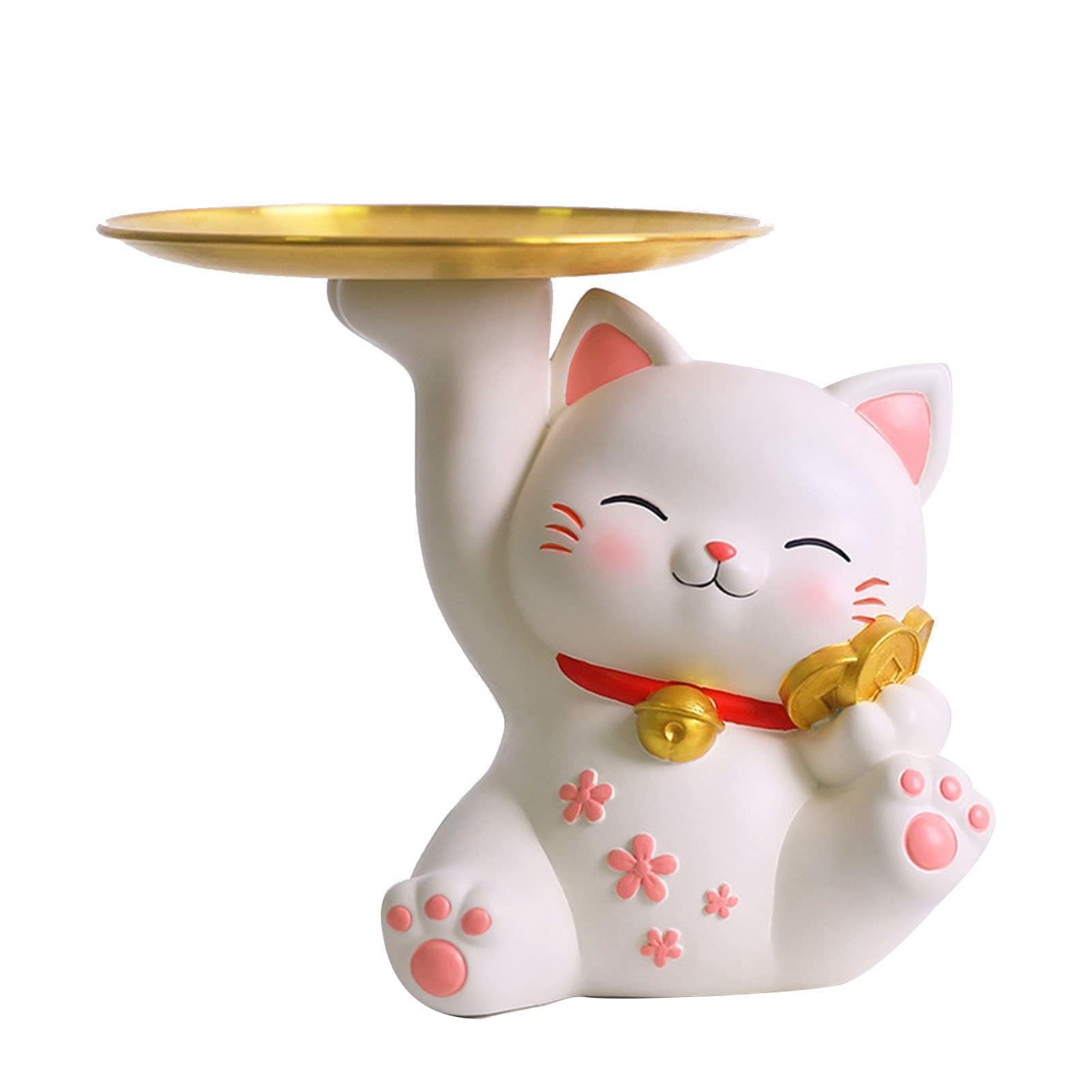 Cyrank Key Tray for Entryway, Cat Key Tray Table Lucky Cat Statue with Key Tray Decorative Bowl Tree Jewelry Stand Display Japanese Table Decor (02)