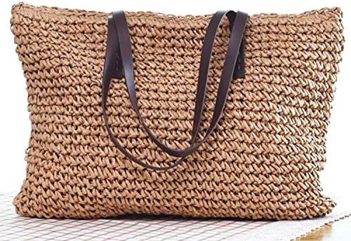 Straw Bag Women Handbag Bohemia Beach Handmade Wicker Summer Tote Rattan Shoulder (Brown)