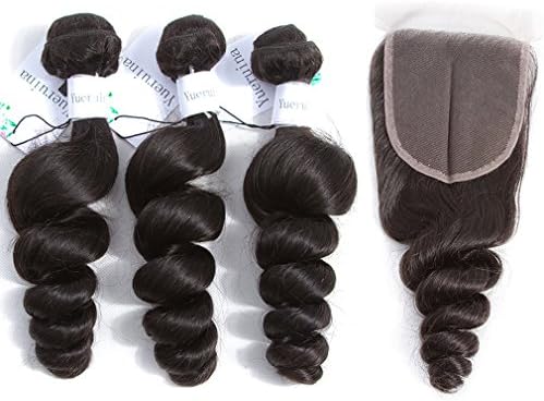 10A Brazilian Loose Wave With Middle Part Closure Unprocessed Virgin Human Hair With Closure Brazilian Loose Wave Hair 3 Bundles With Swiss Lace Closure (14 16 18 + 12 inch)