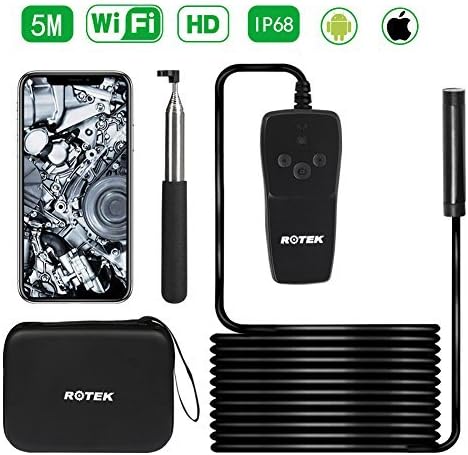 Wireless Endoscope, ROTEK Semi-rigid WiFi Inspection Camera IP68 Waterproof Borescope 2.0 Megapixels 1080P FHD Snake Camera with 8 LEDs Light Compatible for iPhone iPad Android Phone, Tablet PC-16.4FT