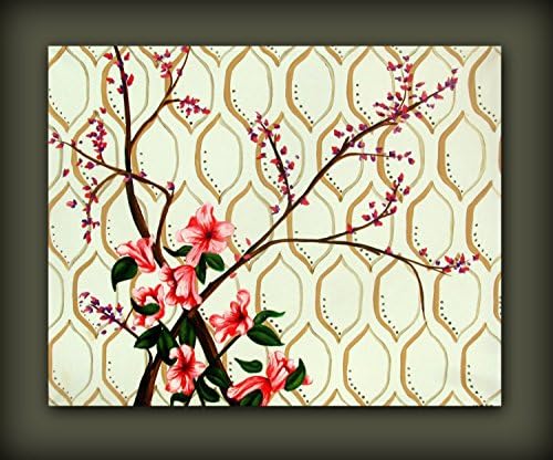 Large Canvas Art featuring Southern Pink Azaleas on White Moroccan Tile Background with Berry Branches and Gold Accents