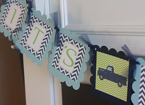 Vintage Truck or Motorcycle "It's a Boy" Light Blue, Navy Blue &amp; Lime Green Chevron Planes - Matching Items Cupcake Toppers, Door Sign, Favor Tags Avail.
