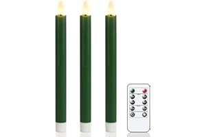 KunSwenn Green Flameless Taper Candles with Remote, Christmas Real Wax LED Taper Candles Battery Operated with 3D Wick, 3 Pcs