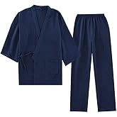 Fendawn Strive Classical Simple Japanese Style Cotton Bathrobe Pajamas Kimono Casual Clothes Unisex, Medium, Navy Blue