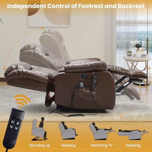 Elderly Dual Motor Power Lift 180° Lay Flat Leather Recliner Chair Brown | USB-C Charging Port, Massage & Lumbar Heat, Side Pocket, Remote, Easy Assembly