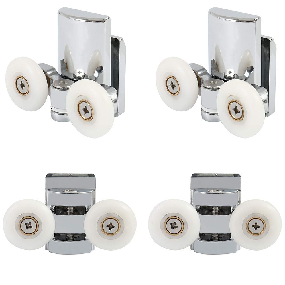 Set of 4 Shower Door Rollers Twin Roller Runners Wheels Pulleys Zinc Alloy 23mm Wheel Diameter Top Bottom Bathroom Replacement Parts (2 top+2 Buttom)