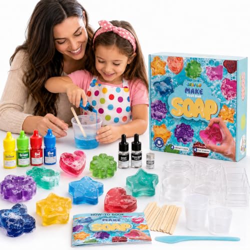 GRAFLO Soap Making Kit for Kids – DIY Make Your Own Soap Set with 8 Soap Bases, 4 Molds, 4 Colors, 2 Fragrances & Glitter, STEM Arts & Crafts Activity Gift for Boys & Girls Ages 6-12