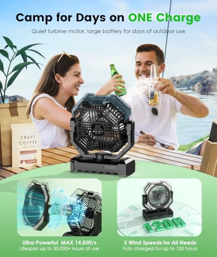 Portable Misting Fan - 24000mAh Battery Powered Fans with 9oz Water Tank, 3 Light, Rechargeable, 120H Cooling, Last 5H Mist, 4 Speed, Sleep Mode, Fan for Camping Outdoor Gear, Travel Essentials