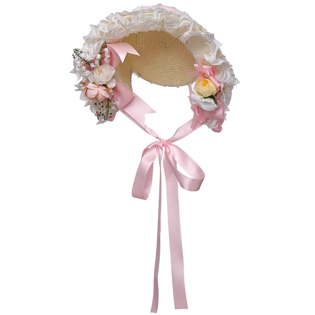 COSDREAMER Girls Women Victorian Bonnets Lace Flowers Tea Party Hats (Pink) — image 1