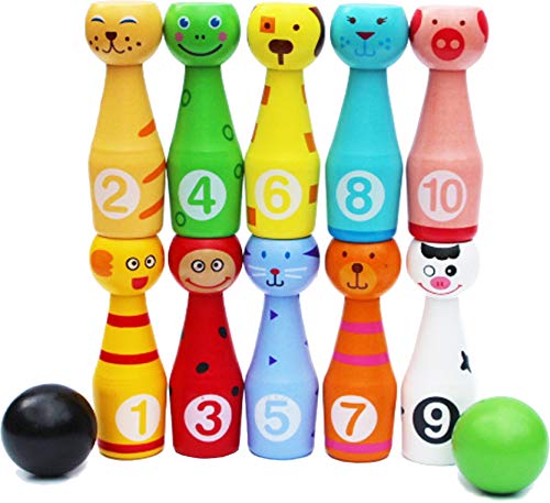 TOWO Wooden Skittles for Children - Wooden Skittle Set with Animal Faces and Numbers - Large 10 pin Bowling Set for Kids - Wooden Toys for 2 Year Old
