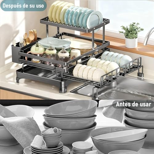 WEGOPAI Escurridor de Trastes Extensible,Escurridor de Platos de Doble Capa Escurreplatos Plegable Puede Contener Cuencos Palillos yTazas Etcpara Encimera de Cocina (A)