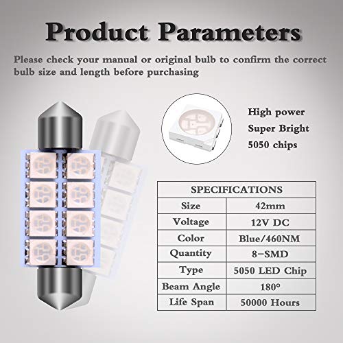 LEDKINGDOMUS 20 Pcs 42mm 8SMD Festoon LED Bulb Interior Map Dome Lights Bulbs 211-2 578 (Blue)