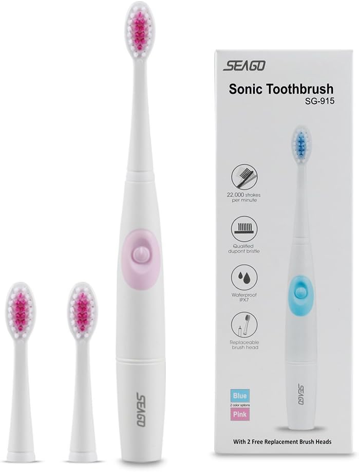 SEAGO Electric Toothbrush Portable，Waterpoof Slim Travel Toothbrush，Battery Operated Electric Sonic Toothbrush With 3 Brush Heads SG915