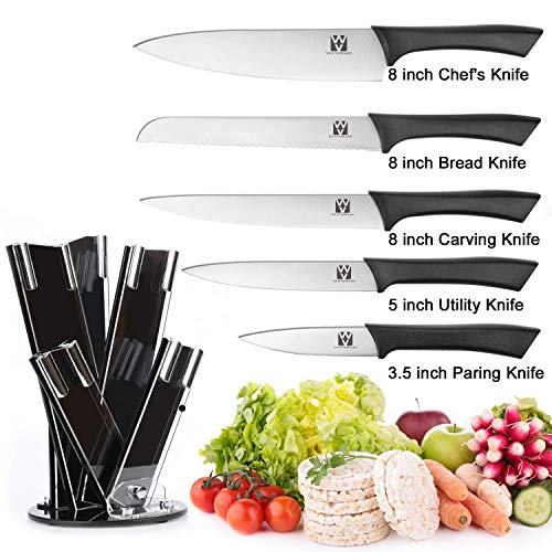 Vestaware Knife Set with Block,6-Piece Kitchen Knife Set with 8" Chef Knife,8" Carving Knife,8" Bread Knife,5" Utility Knife,3.5" Paring Knife, Stainless Steel Cutlery Chef Knives Set with Block
