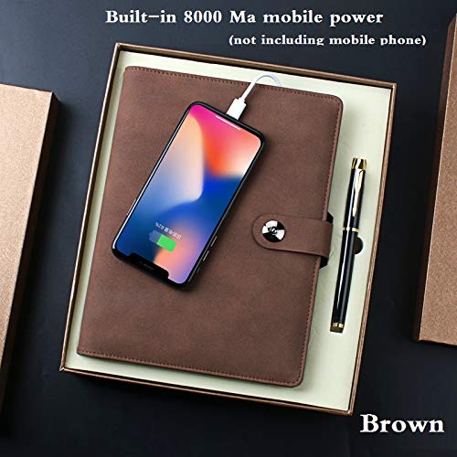 HLDUYIN 8000 Mah Power Bank Multi Functional Business Note Book Charging Notebook Binder Spiral Diary Planner Business Travel Unisex Gift ,Brown
