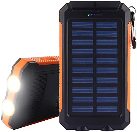 Solar Charger, Solar Power Bank 10000mAh External Backup Battery Pack Dual USB Solar Panel Charger with 2LED Light Carabiner Compass Portable for Emergency Outdoor Camping Travel-Orange