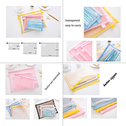 HYFAN Zipper File Envelope Folder Bag Breathable Transparent Mesh Document Pocket A4 Paper Pouch Storage for Office School Supplies ( PVC, 6 colors, A4 size, Pack of 6 ) - Thumbnail 5