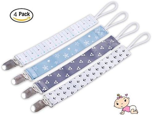 Pacifier Clip - 4 Unisex Pacifiers Holder Set for Girls and Boys - Best Dinky Leash for Teething Toys, Soothie, Baby Shower Gifts
