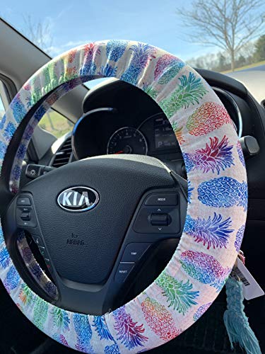 Rainbow Pineapple Steering Wheel Cover | Cotton Handmade Fully Lined Interior Car Accessories