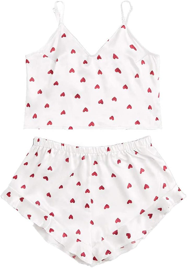 mjuyt Ladies Tank Top Pajamas 2piece Set Love Heart Printed Satin