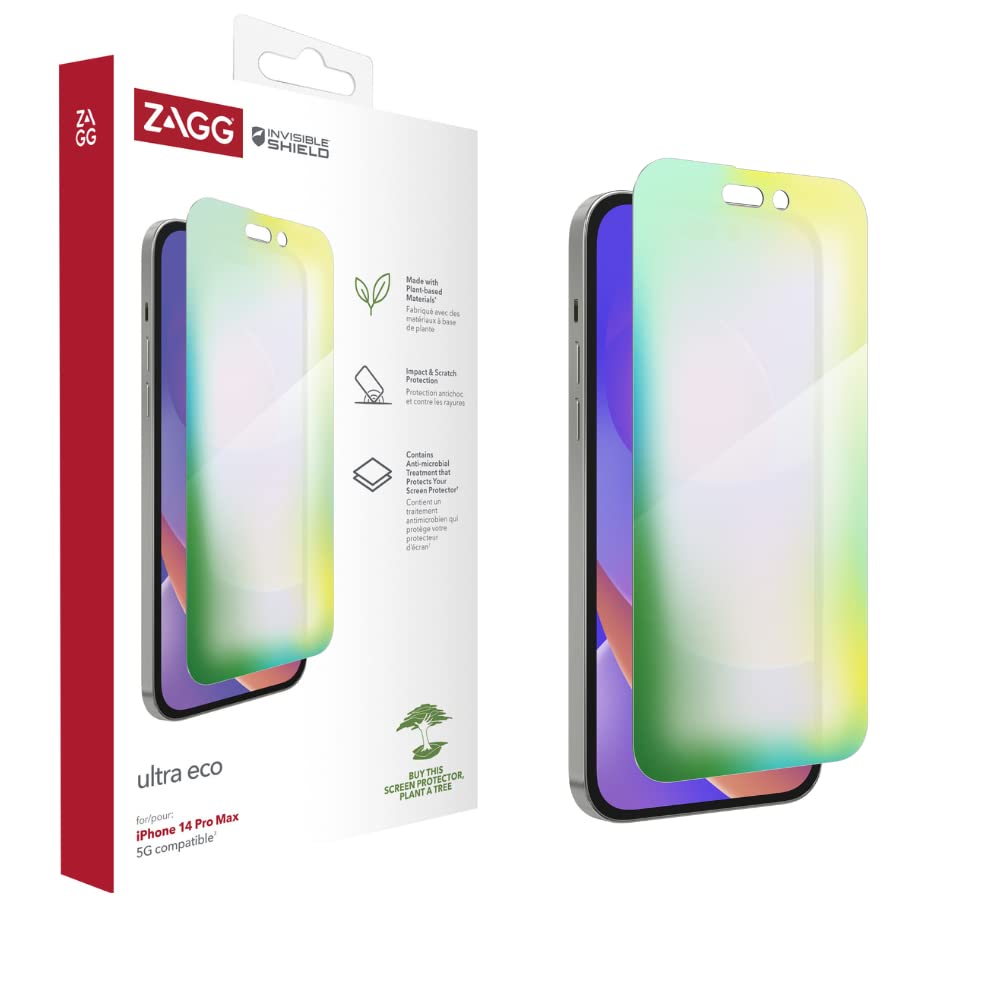 ZAGG InvisibleShield Ultra Eco Screen Protector for iPhone 14 Pro Max, Shockproof, Smudgeproof, Scratch Resistant, Anti-Microbial, (Clear)