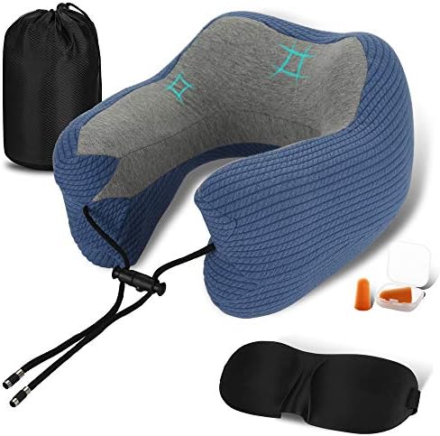 Travel Pillow, Memory Foam U-Shaped Travel Neck Pillow with Eye Masks & Earplugs, Ergonomic Design Airplane Pillow for Travelling Sleep and Office Nap Time-Blue