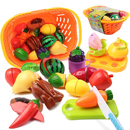 Tomons Pretend Food Kitchen Play Set for Kids Cutting Fruits and Vegetables Play Food Kitchen Toys 20 Piece Educational Toy